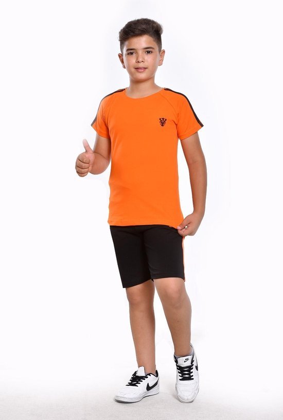 sportkleding set gympak t shirt en korte broek 122 128 jongens oranje