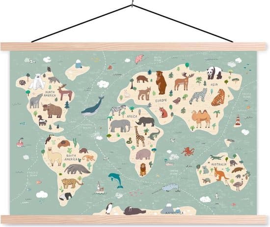 aarde wereldkaart kinderen dieren 90x60 cm schoolplaat