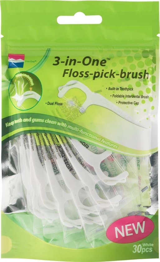 floss pick brush 3 in one tandenstokers zakje 30 stuks