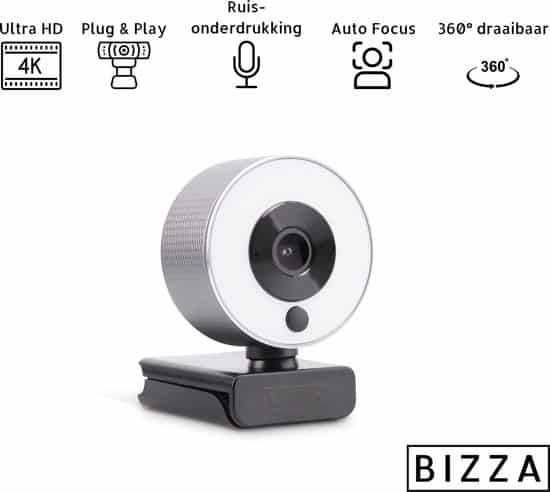 bizza 4k webcam met ringlamp inclusief statief en webcam cover ring light