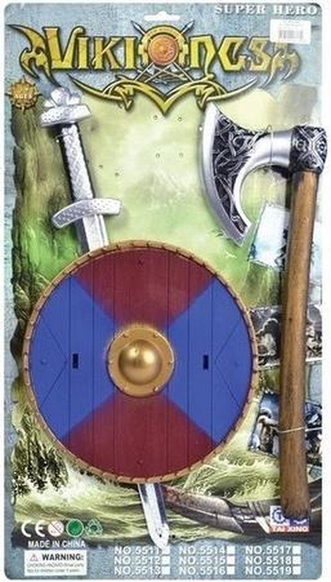 viking zwaard met rood blauw schild en bijl set