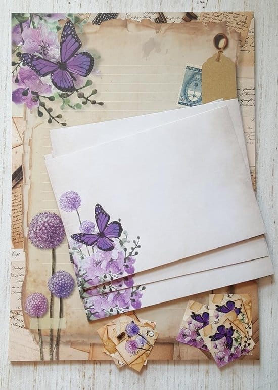 briefpapier met enveloppen en sluitstickers set purple flowers
