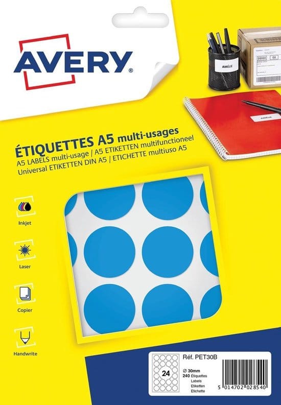 etiket avery a5 30mm rond blister 240st blauw