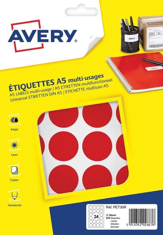 etiket avery a5 30mm rond blister 240st rood