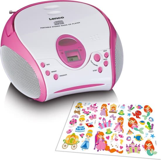 lenco scd 24 kids draagbare radio cd speler met aux en sticker set roze