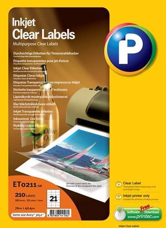 printec inktjet transparante etiketten 10 vel 70x424mm 21 labels per
