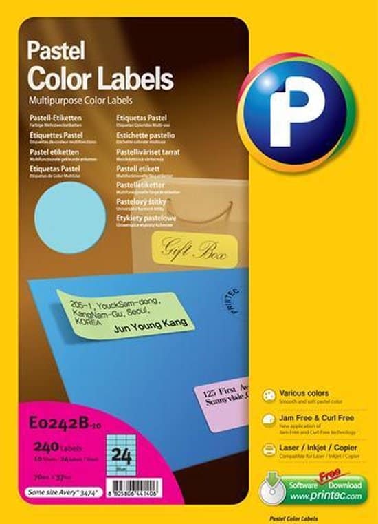 printec pastel blauw etiketten 10 vel 70x37mm 24 labels per a4 240