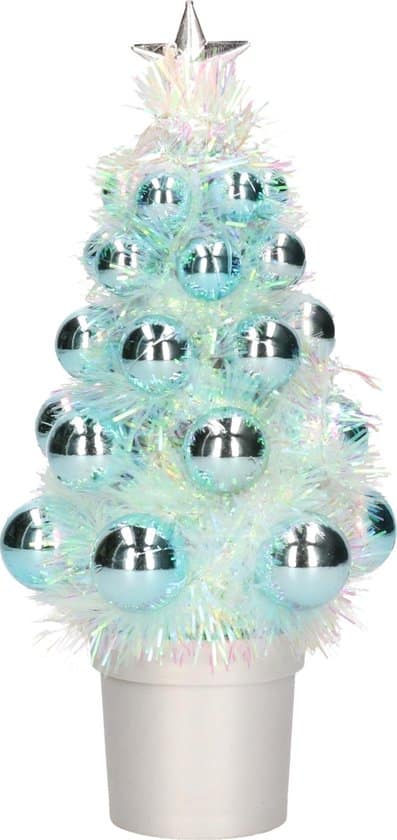 mini kunst kerstboompje turquoise blauw met kerstballen 19 cm