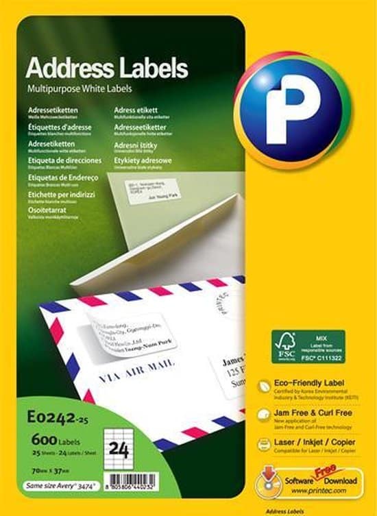 printec adresetiketten 25 vel 70x37mm 24 labels per a4 600 stickers