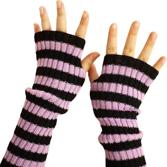 gebreide vingerloze handschoenen zwart roze gestreept gothic lange