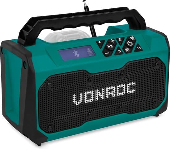 vonroc accu bouwradio 20v fm bluetooth usb bass reflex poort speakers