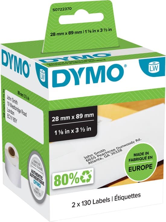 dymo originele labelwriter adreslabels 28 mm x 89 mm 2 rollen met elk 130