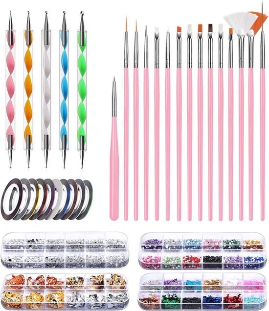 evvie nail art kit penselen met dotting tools strass steentjes