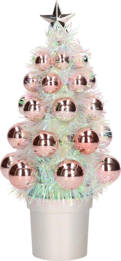 mini kunst kerstboompje zalm roze met kerstballen 19 cm kerstversiering