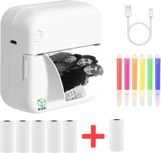 rirri mini printer voor mobiel incl 6 rollen papier en kleurpennen