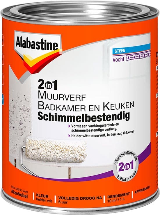 alabastine 2 in 1 badkamer en keuken muurverf wit 1 liter