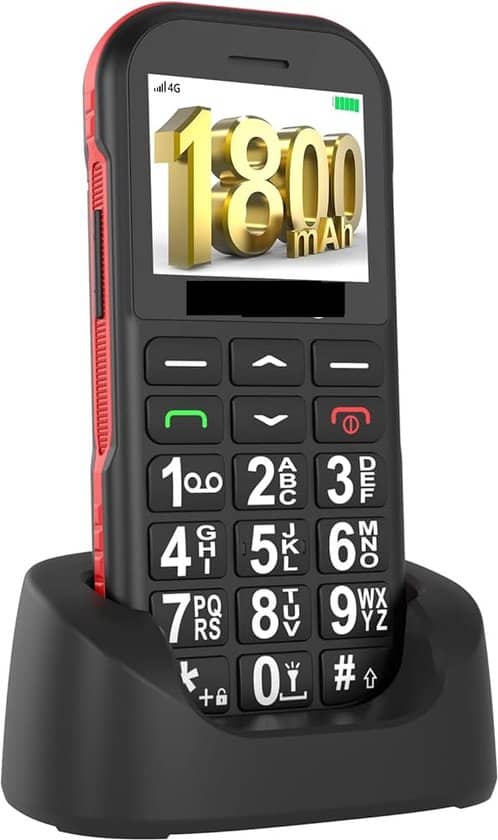 zwarte 4g senioren mobiele telefoon met grote toetsen met oplaadstation