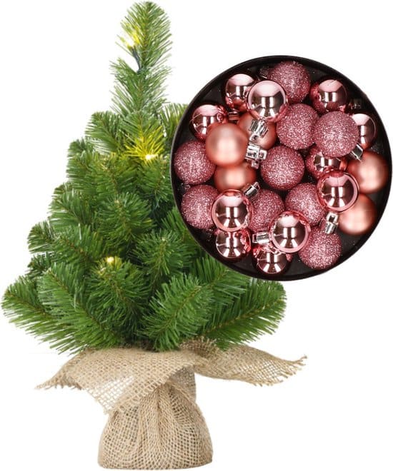 mini kerstboom kunstboom met verlichting 45 cm en inclusief kerstballen roze