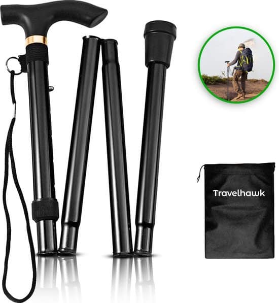 travelhawk wandelstok verstelbaar en opvouwbaar zwart incl opbergtas