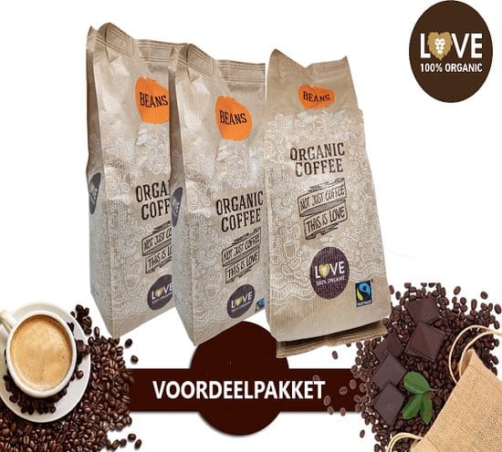 love 100 organic koffiebonen voordeelverpakking 3 x 1000 gram